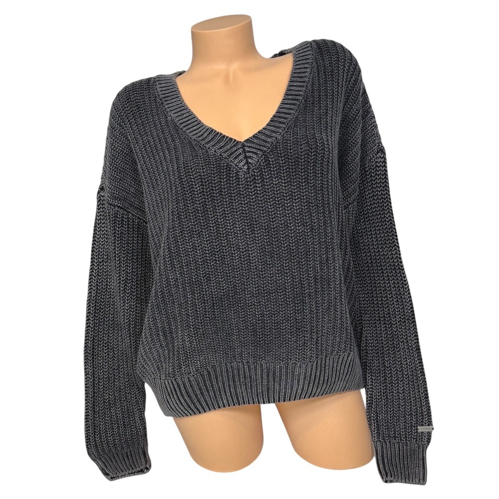 PINK Victoria's Secret Forenza MEDIUM V-Neck Chunky Knit Sweater Grey Black‎